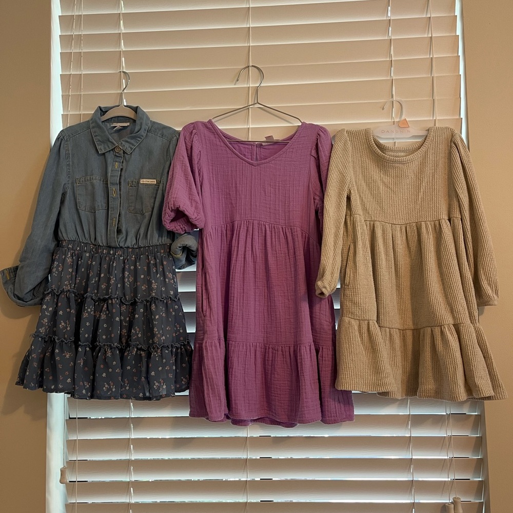 Set of Three Girls' Dresses - Denim, Purple, and Cream